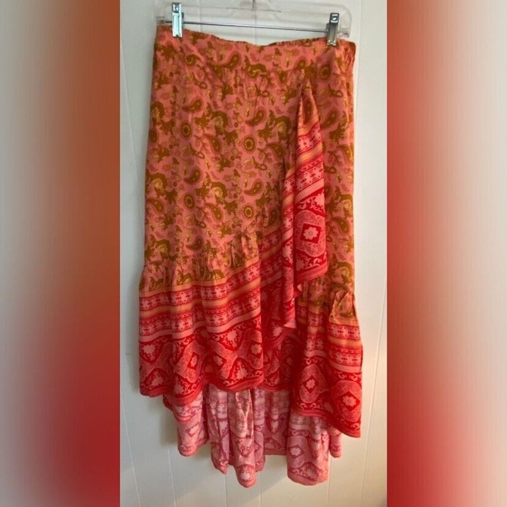 Rusttydustty Skirt Women’s Large Orange Multipattern Faux Wrap Asymmetric Maxi